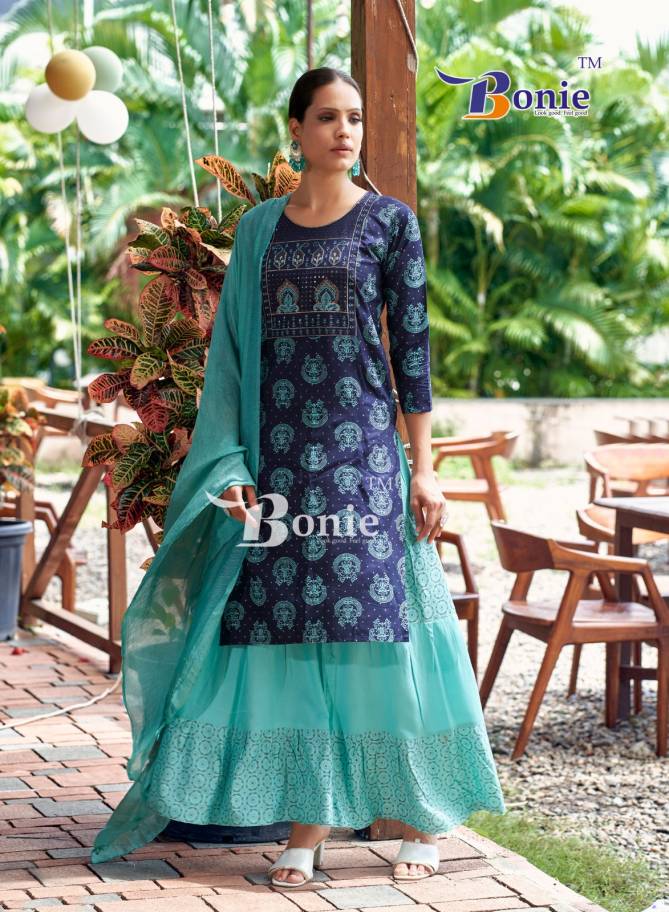 Fiana 13 By Bonie Fancy Rayon Printed Kurti With Bottom Dupatta Wholesale Price In Surat
